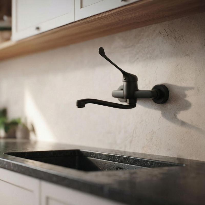 Aquanello Medic Kitchen Wall Faucet with Long Handle Black BL-1005-MD
