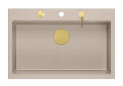 Quadri Hard Rock Beige granite countertop-mounted large sink, 76x50 cm, including gold drain plug and accessories 1208972701