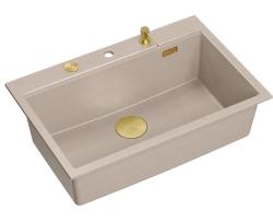 Quadri Hard Rock Beige granite countertop-mounted large sink, 76x50 cm, including gold drain plug and accessories 1208972701