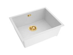 Pure.Sink Eternal Quartz White Sink 50x40 cm, Flush-Mount and Under-Mount with Gold Drain Plug