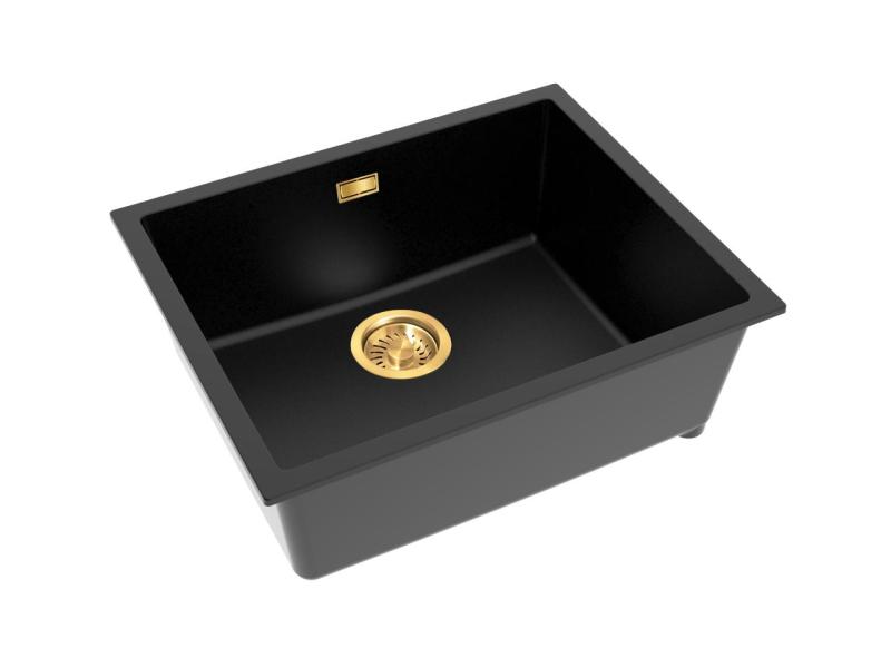 Pure.Sink Eternal Quartz Black Sink 50x40 cm, Flush-Mount and Undermount with Automatic Gold Plug