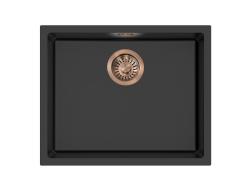 Pure.Sink Eternal Quartz Black Sink 50x40 cm, Flush-Mount and Undermount with Automatic Brass Plug