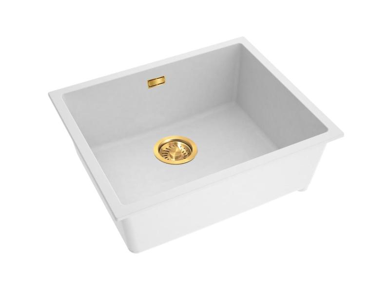 Pure.Sink Eternal Quartz White Sink 50x40 cm, Flush-Mount and Under-Mount with Automatic Gold Plug
