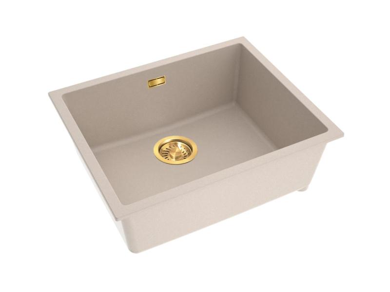Pure.Sink Eternal Quartz Beige Sink, 50x40 cm, Flush-Mount and Under-Mount, with Automatic Gold Plug